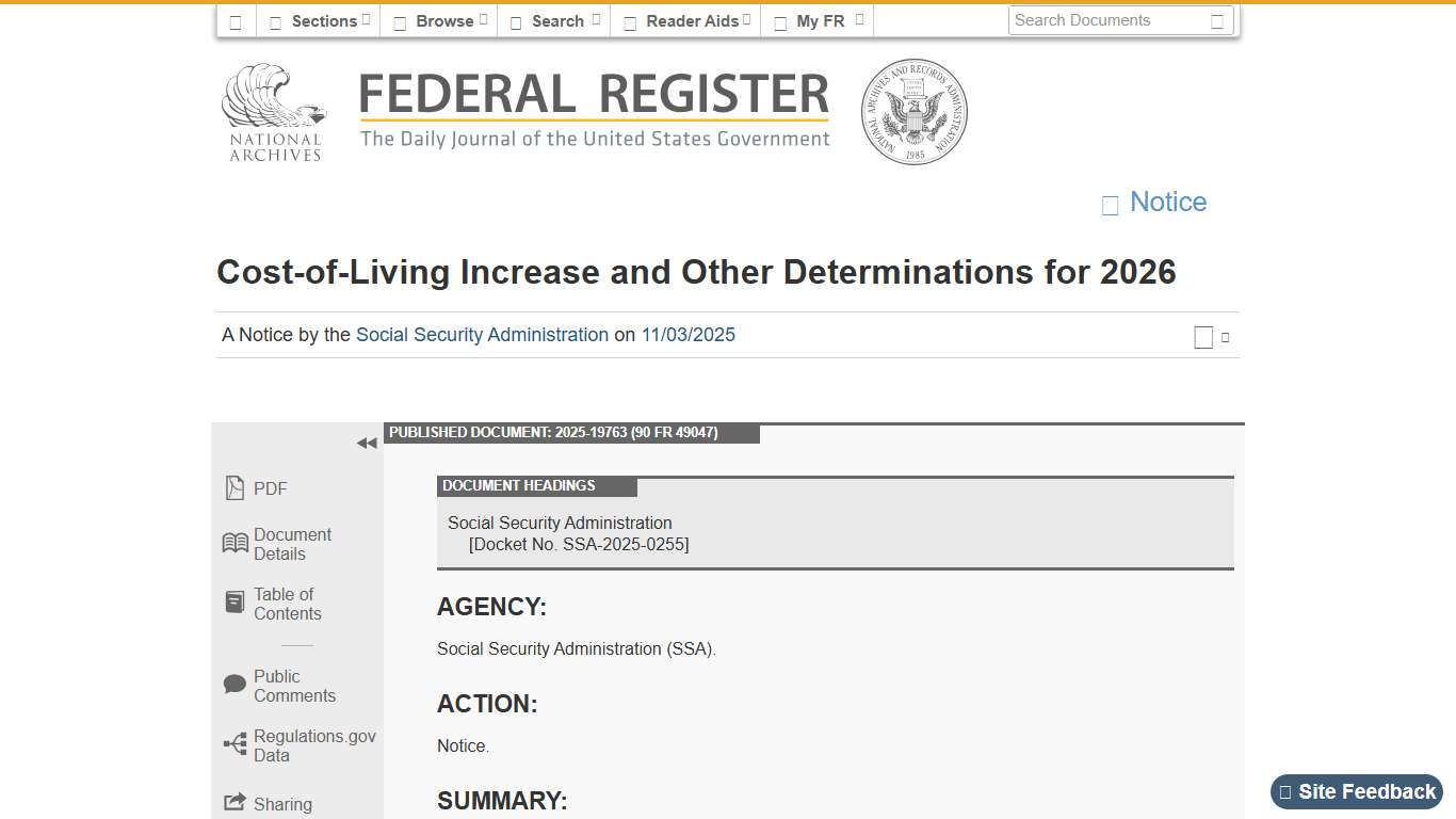 Federal Register :: Cost-of-Living Increase and Other Determinations for 2026