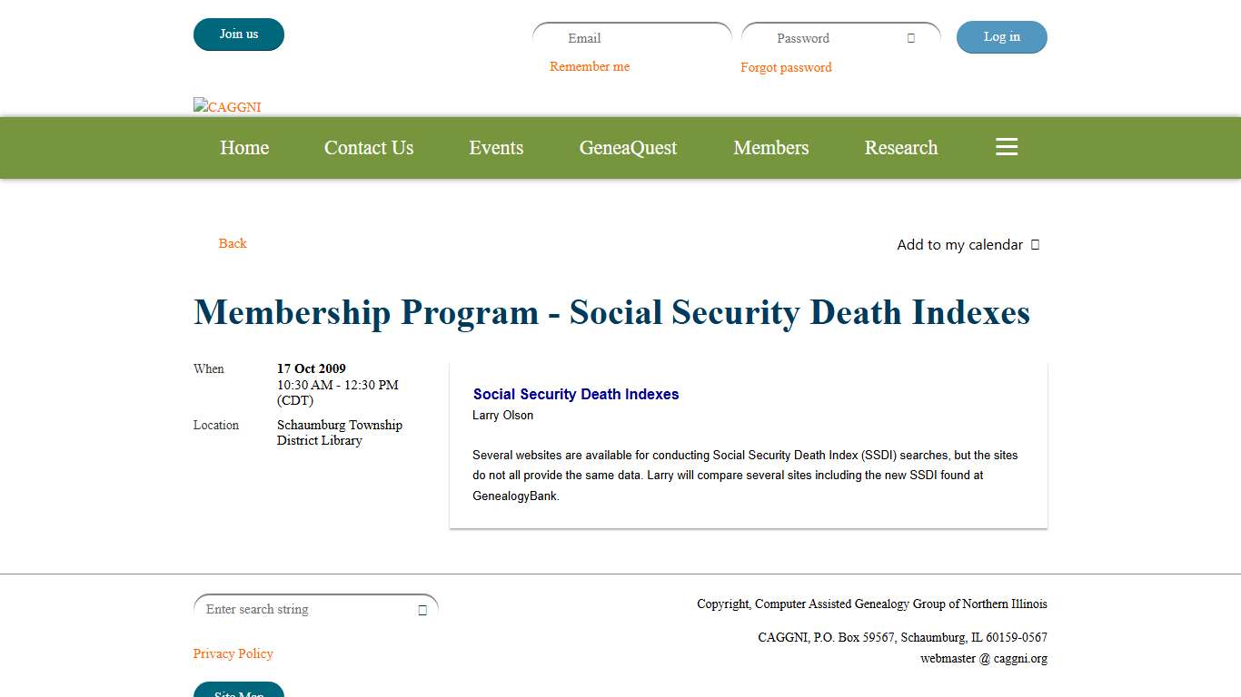 CAGGNI - Membership Program - Social Security Death Indexes