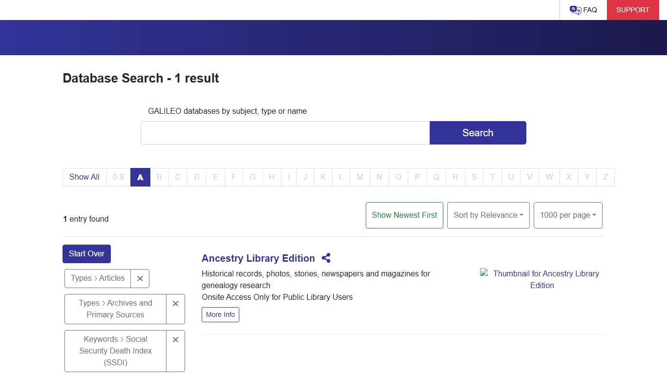 Types: Articles and Archives and Primary Sources / Keywords: Social Security Death Index (SSDI) / A-Z: A - GALILEO Search Search Results - 1 result